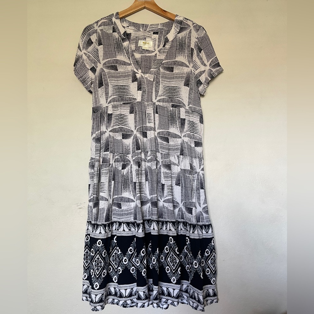 Anthropologie Maeve Black White Tania Tiered Boho Tunic Dress Size XS